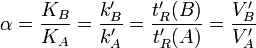 \alpha=\frac{K_B}{K_A}=\frac{k'_B}{k'_A}=\frac{t'_R(B)}{t'_R(A)}=\frac{V'_B}{V'_A}