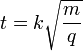 t = k \sqrt{\frac{m}{q}}\,
